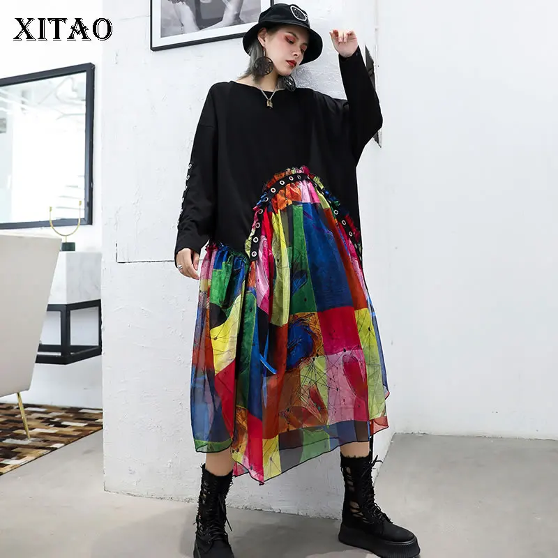 

XITAO Sequin Thin Perspective Dress Women Patchwork 2019 Autumn Irregular Elegant Goddess Fan Minority Style Dress WLD2598