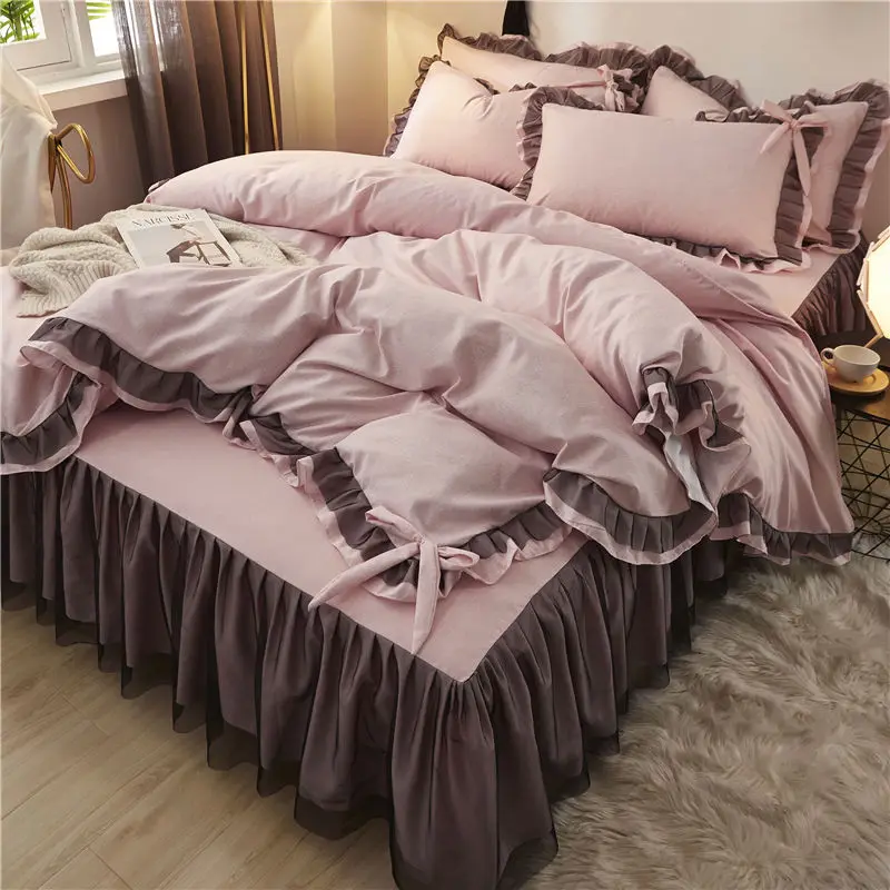 Details about   New 100%Cotton Princess Bedding Set Lace Duvet Cover Bed Skirt Pillow Mat Cover