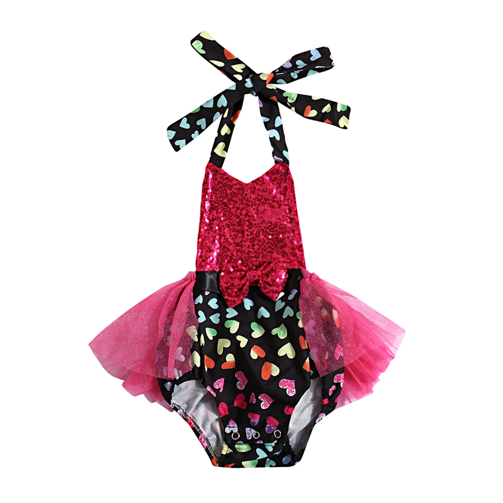 Pudcoco Baby Girls Romper Sweet Colorful Heart Printing Romper Sequins