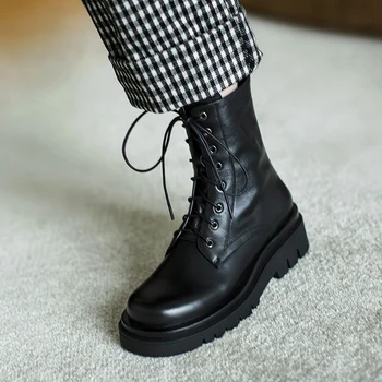 

2020 Autumn Winter Office Lady Shoes Woman Genuine Leather Women's Ankle Boots Platform Chunky Heels Pumps Party