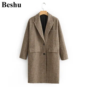 

Winter ZA coat Pocket Ladies Casual khaki plaid Long Woolen Coat Turn-down Collar Warm Tops Mujer Streetwear Outwear