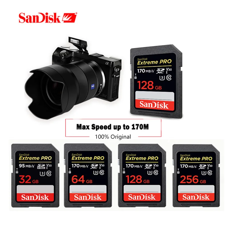 SanDisk Memory Card 128gb Extreme Pro SDHC/SDXC SD Card up to 170MB/s 32GB 64GB 512GB 256GB Class10 U3 UHS-I 4K For DSLR Camera