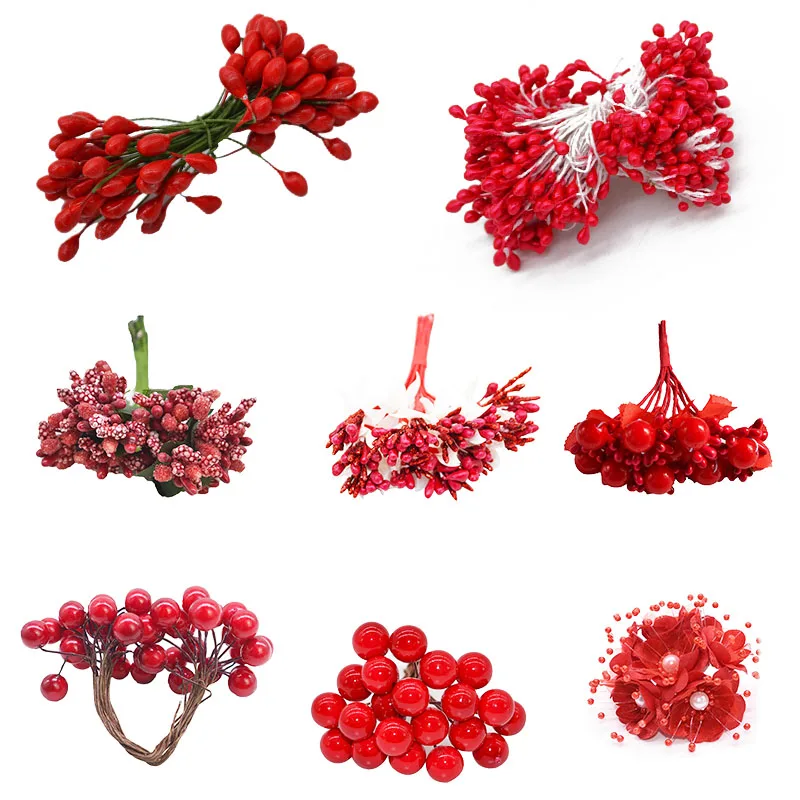 Artificial plants artificial flowers artificial flower bouquet artificial flower red theme artificial flower cherry stamen berries bundle DIY Christmas decoration wedding cake gift box wreaths Xmas decor