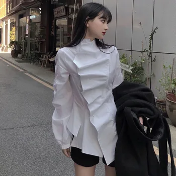 

iMucci 2020 New Spring Black Blouses Stand Collar Summer Long Sleeve Loose Irregular Pleated Ruffles Women White Shirt TM1381