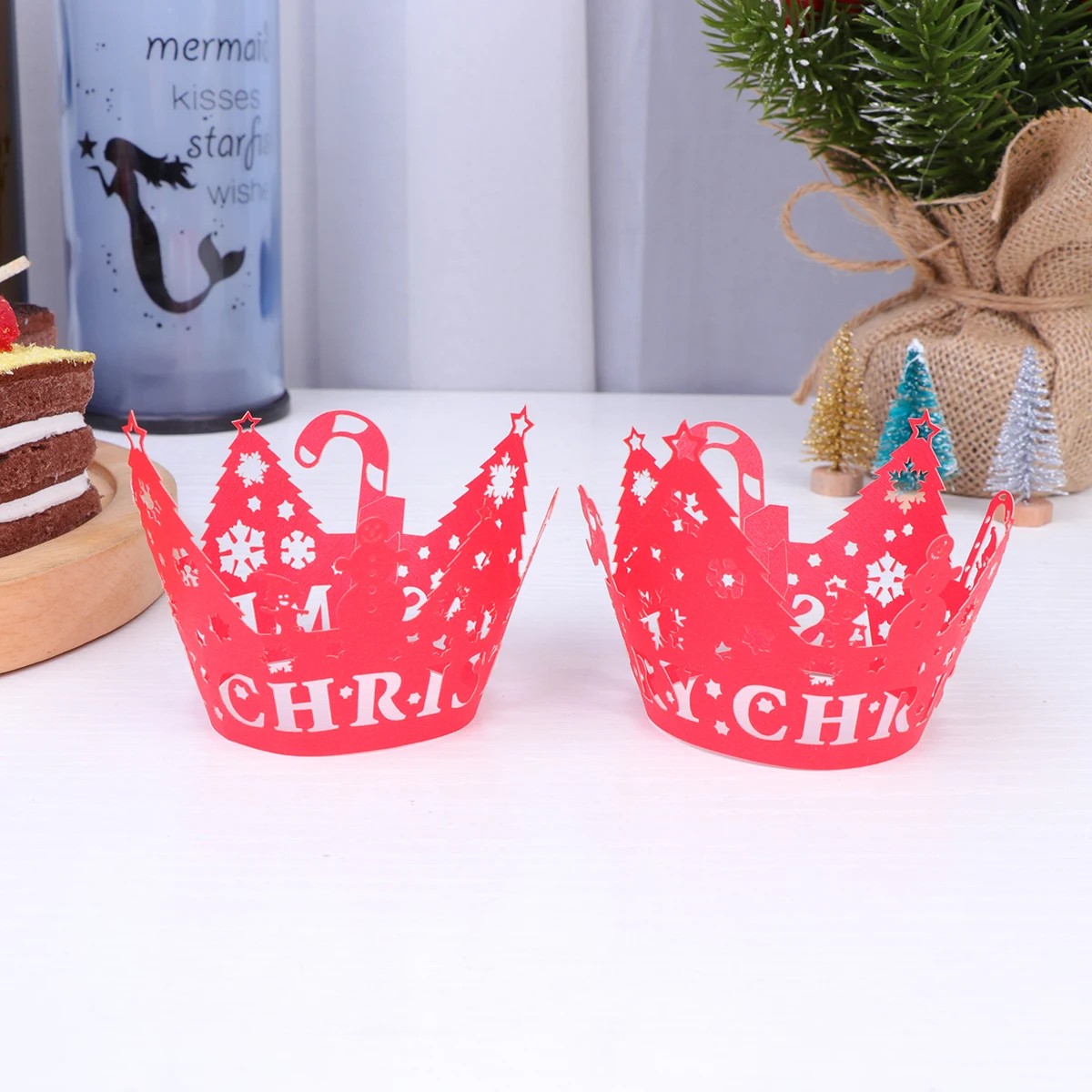 50PCS Christmas Paper Cupcake Wrappers Hollow Christmas Tree Cake Mold Liner Muffin Cups for Party (Red)