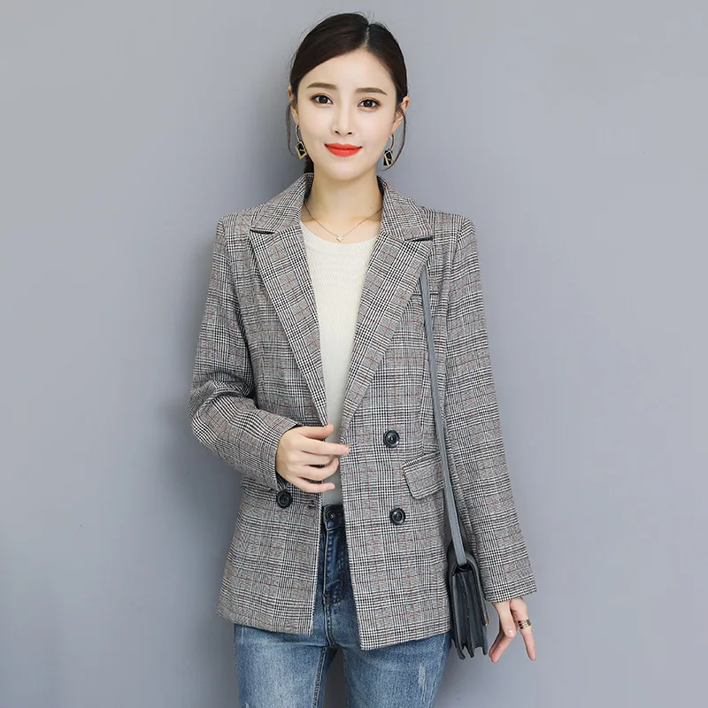 

2019 Spring New Style Trend Plaid Small Suit Coat Women's Mid-length Slim Fit Versatile Shoulder Pad Leisure Suit