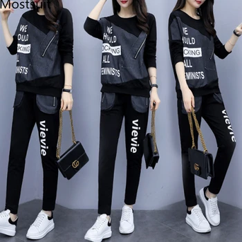 

2019 Autumn Black Letters Print Two Piece Sets Sport Outfits Women Plus Size Denim Patchwork Tops And Pants Suits Casual Fashion Tracksuit
