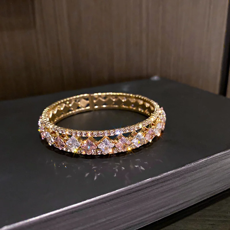 Geometric Zircon Bracelet & Bangles For Women Pink Green Crystal Cuff Bracelets Weddings Party Jewelry