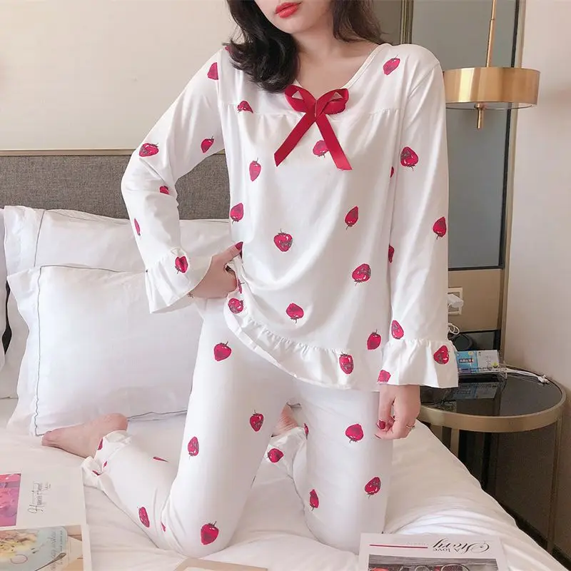 Осенняя Шелковая пижама с круглым вырезом и милым бантиком для женщин размера плюс, женская одежда для сна,, комплект из 2 предметов для сна для девочек, ночная рубашка