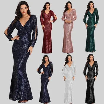 

Sequin Dress Women Long Sleeve V-Neck Formal Mermaid Dresses Ladies Bodycon Long Gowns Female Party Elegant