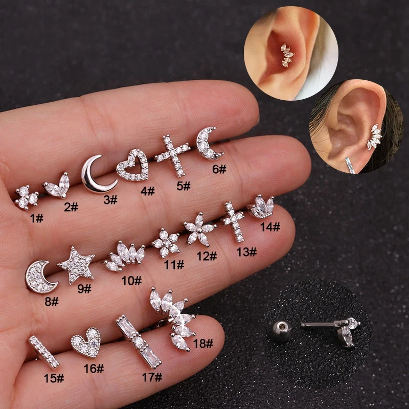 

QCOOLJLY Gold And Silver Color Cz Cartilage Stud Moon Star Heart Cross Flower Crown Helix Piercing Tragus Stud Conch Earring