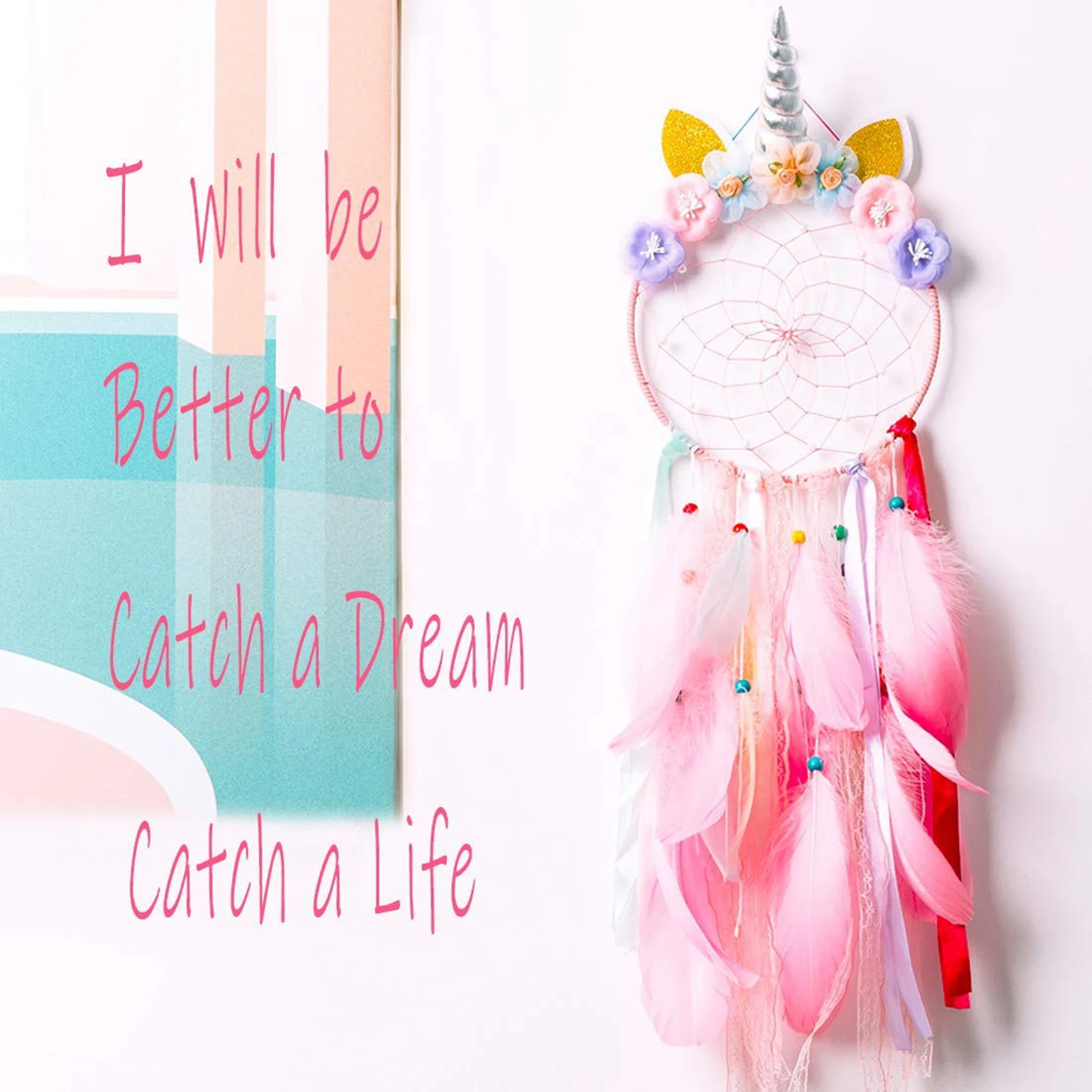 Unicorn Dream Catcher Handmade Purple Pink Feather Dreamcatchers Wall Hanging Ornaments For Girls Kids Room Decoration