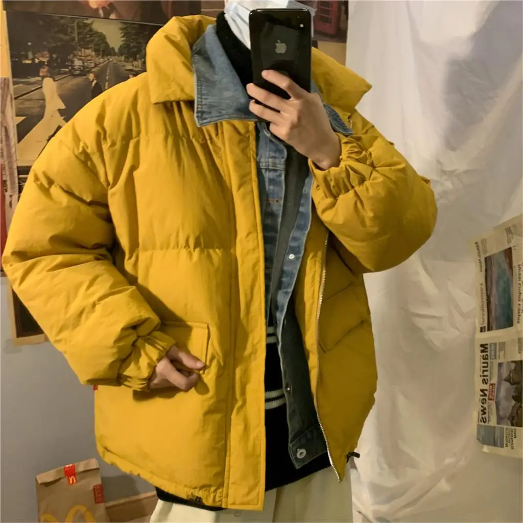 LT Studios Men's Winter Warm Jackets Parkas Denim Patchwork Fake Two Peices Thicken Coats Korean Style Man Casual Jackets Tops - Color: Yellow