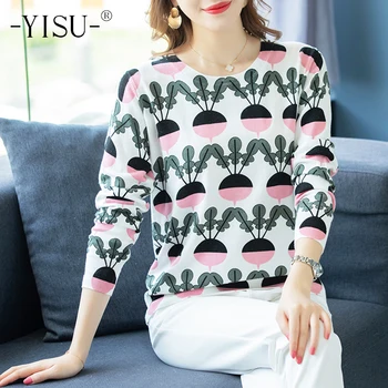 

YISU sweaters women Autumn Winter fashion Cute Cartoon radish Printed pullover casual O-neck Long sleeve basic Knitted sweater