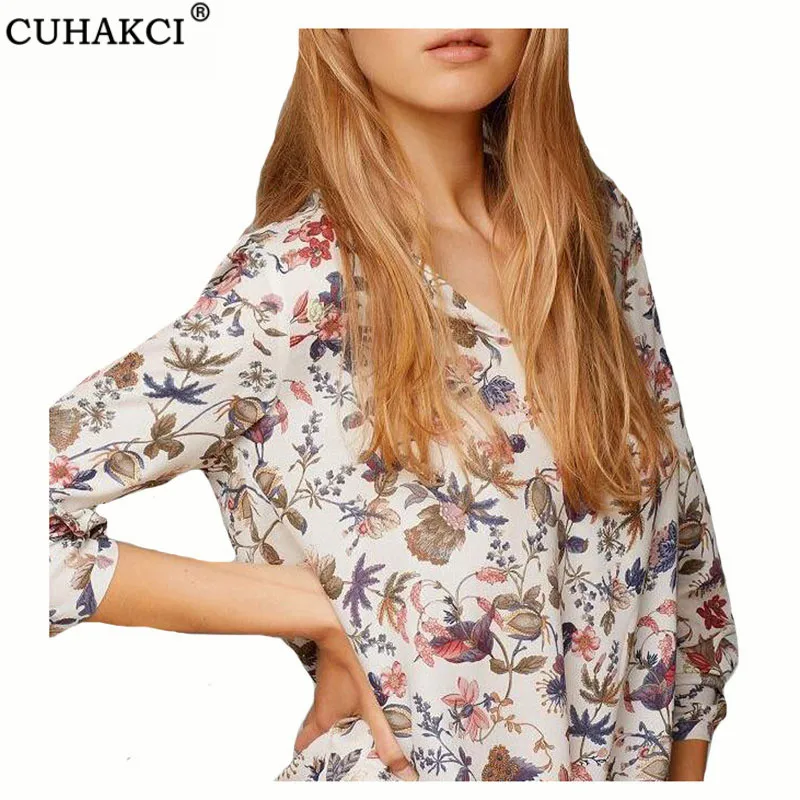 

CUHAKCI Women Tops Blouses 2019 Autumn Elegant Long Sleeve Print V-Neck Chiffon Blouse Female Work Wear Shirts Plus Size Tops