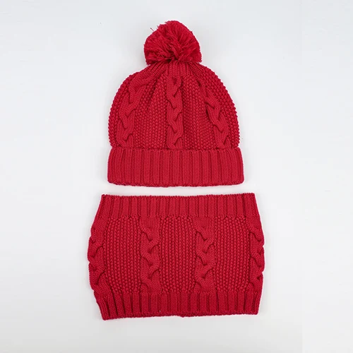 red set Шапка, шарф, комплект для мальчиков и девочек, детская зимняя шапочка, осенняя вязаная шапка с помпоном, теплый хлопковый лыжный костюм для малышей - Цвет: red set