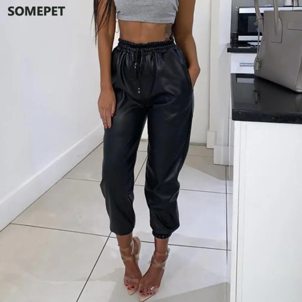 

PU Faux Leather Pants Women High Waist Elastic Lace Up Slim Bottoms Pants Ladies Sexy Club Trousers Women Pants Pantalon Femme
