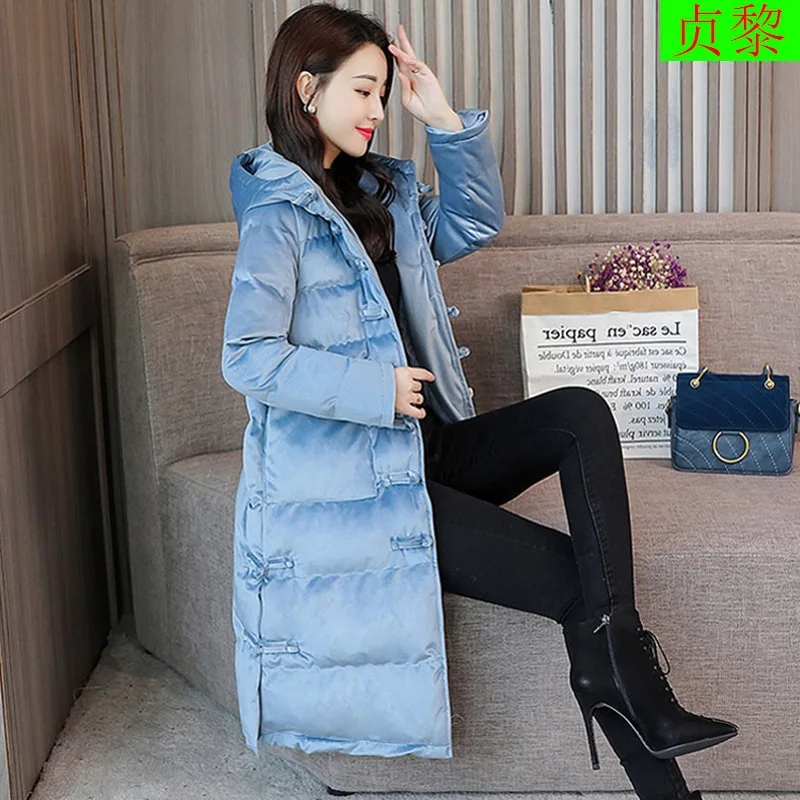 

Gold Velvet Cotton-padded Jacket Women's 2018 Winter New Style Cotton Coat Slim Fit Mid-length Thick Frog down Feather Cotton-pa