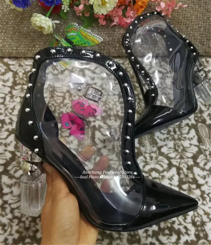 Г., прозрачные ПВХ ботильоны женские пикантные короткие ботиночки на необычном каблуке, с острым носком, с пряжкой, украшенные стразами