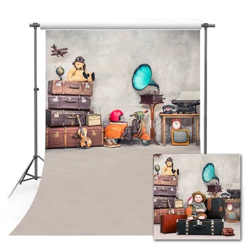 

Mehofond Vintage Gray Backdrop Old Suitcase Music Toy Baby Portrait Photography Background for Photo Studio Photocall Photophone