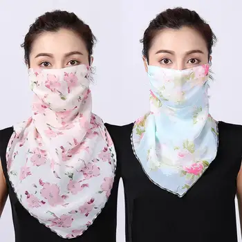 

Women Breathable Floral Print Chiffon Sun Protection Face Mask Neck Gaiter Scarf Solid Color Breathable Sun Protection