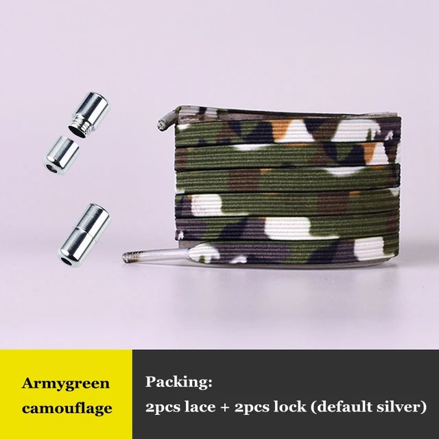 Elastic No Tie Shoelaces Colorful Flat Shoe laces Sneakers shoelace Metal Lock Lazy Laces for Kids Adult One size fits all shoes A-green camouflage