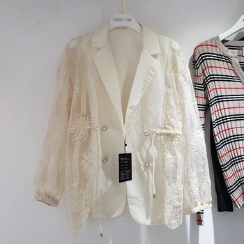 

Harajuku Lace Jacket for Women Spring and Summer New Splicing Lace Drawstring Waist Thin Suit Coat Female Korean Loose Jackets