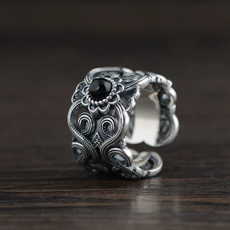 S925 Sterling Silver Vintage Thai Silver Inlaid Black Agate