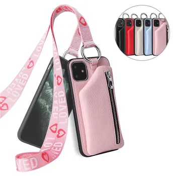 

PU Leather Zipper Pocket Wallet Coin Purse Phone Case for iPhone 11 Pro Max 6 6s 7 8 Plus SE 2020 X XS MAX XR Neck Lanyard Cover