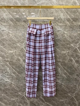 

2020 Spring and Summer New Women's Plaid Decoration All-match High Waist Pants Casual Pants 531