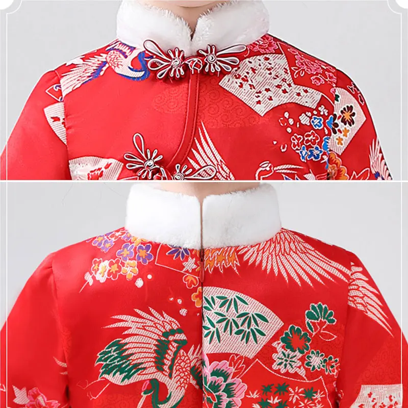 New Year Dress Kids Winter Fleece Chinese Red Tang Han Cheongsam Qipao  Clothes Princess Retro Elegant Wedding Festival Costumes