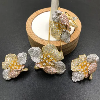 

zlxgirl bridal jewelry sets Vivid Gold rose Flowers Necklace Earrings Ring Brand Cubic Zircon Micro Paved Party gifts