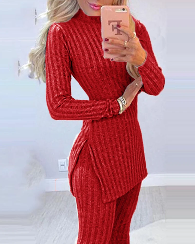 pink sweat suits Women Winter 2pcs Suit Long Sleeve Ribbed Slit Long Top and High Waist Knitted Pencil Pants Set pant suits for older ladies