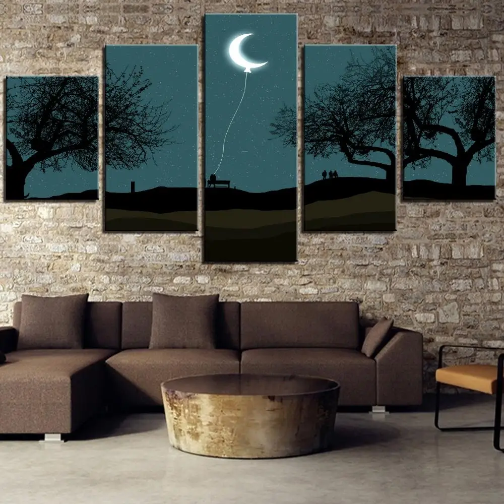 Gambar Kartun Pemandangan Poster 5 Potongan Orang Orang Di Malam Hari Dan Bulan Layang Layang Dinding Seni Lukisan Di Park Gambar Untuk Dekorasi Rumah Wallpaper Painting Calligraphy AliExpress