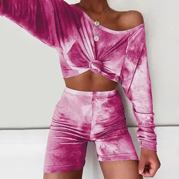 

New Womens Tie Dye Short Pajamas Set Long Sleeve Tops and Shorts PJ Set Loungewear Nightwear Sleepwear Wholesale Quick delivery