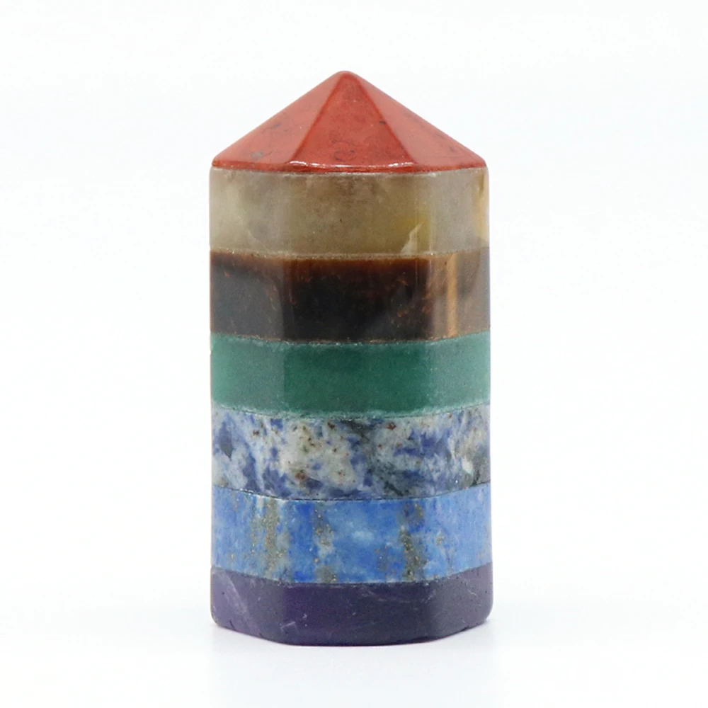 

Natural Gem Stone Seven Chakras Hexagonal Column Small Ornaments Splicing Handicrafts Pagoda Decorations 22x49mm