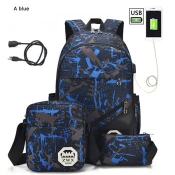 

3pcs/set USB Male backpacks high school bags for women 2020 boys one shoulder big student travel bag men school backpack mochila