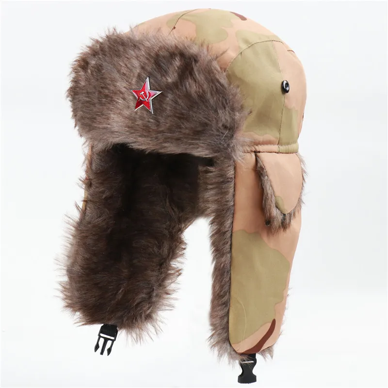 waterproof bomber hat CAMOLAND Winter Warm Bomber Hat Women Men Military Army Soviet Badge Russia Ushanka Cap Outdoor Faux Fur Earflap Caps mad bomber leather rabbit fur hat