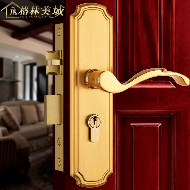 

Медь полностью медный американский дверной замок для спальни, Европейский современный простой дверной замок из цельной древесины, медь