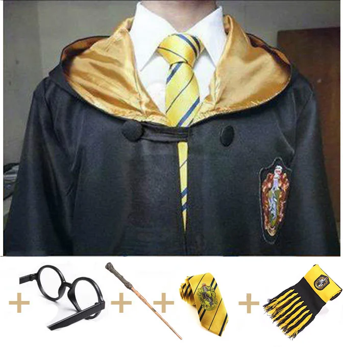 Халат накидка плащ с галстуком шарф палочка очки Ravenclaw Гриффиндор Hufflepuff костюм Слизерин взрослый для Поттера Косплей - Цвет: Hufflepuff Full Set3