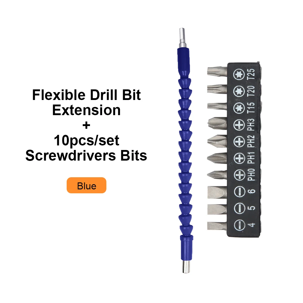 JelBo 295 мм гибкий биты вала удлинитель держатель и 10 шт./компл. отвертка бит для Мощность инструмент, инструменты для ремонта автомобиля - Цвет: Синий