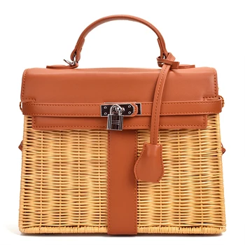 

2020 Luxury Women's handbag rattan Messenger bag PU handmade rattan weaving 2019 summer beach bags for women sac main