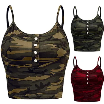 

Womens Camouflage Print Vest Button Up Casual Lady Sleeveless O-neck Cami Tank Top Female Summer Small Sling Crop Top