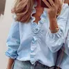 Elegant Boho Floral Print Slim Shirt Office Lady Retro Tops Women Casual Short Sleeve Sexy V-neck Ruffles Blouse 2022 Summer ► Photo 2/6