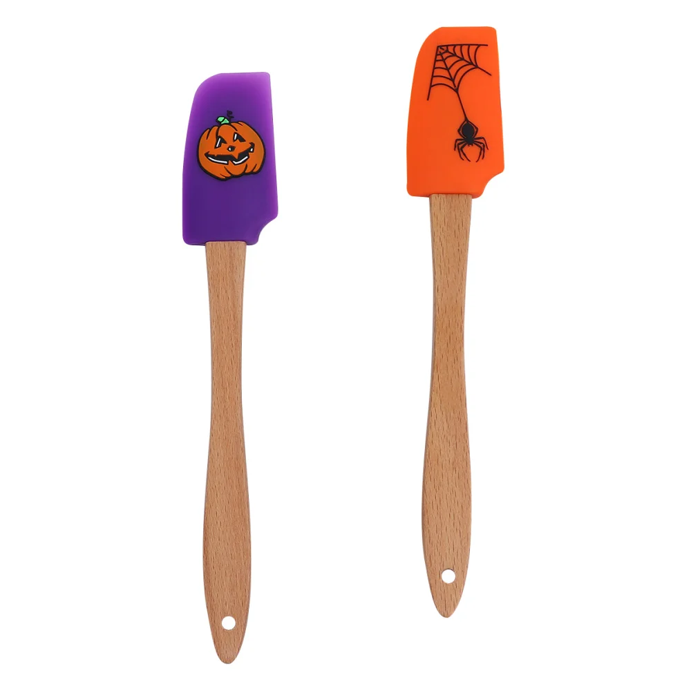 4pcs Halloween Wooden Handle Silicone Scraper Cream Spatula Baking Gadget Baking Supplies Kitchen Utensil for Home Bakery (Ghost