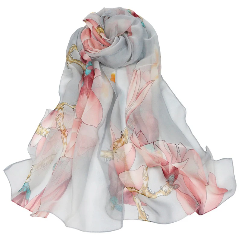 

F&U Fashion Women Lotus printing Scarf Long Soft Pink colorful Wrap Ladies Scarves Luxury Shawl In 4 Seasons