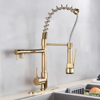 

Golden Spring Kitchen Faucet Pull Out Side Sprayer Chrome Dual Spout Single Handle Mixer Tap 360 Rotation Kitchen Faucets XTH