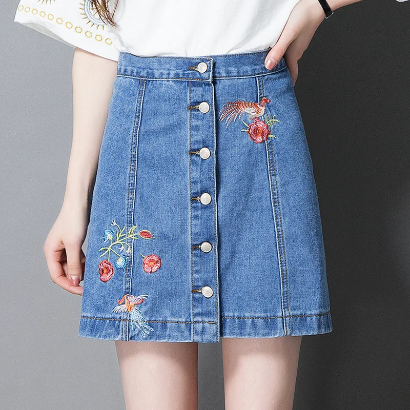 

High Waisted Embroidered Denim Skirt for Women Button Straight Skirt Office Lady Elegant Knee Length Skirt Women Harajuku Skirts