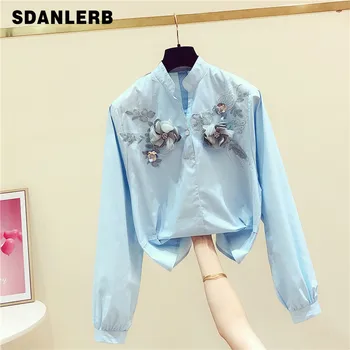 

2020 Spring New Korean-Style Hand-Made Embroidery Flower V-neck Long-Sleeve Shirt Women's Casual Short Blouse Blue Top Blouses
