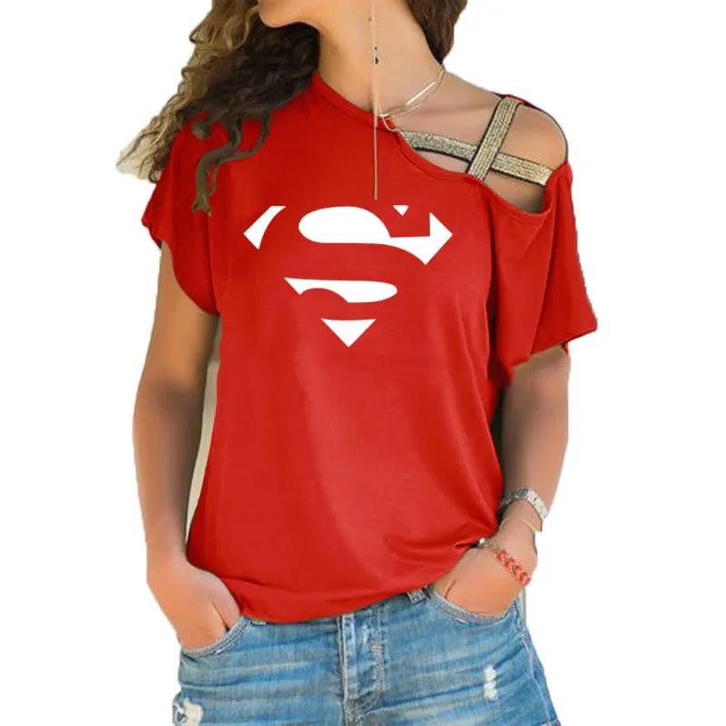 Новинка; летнее платье «Супермен» серии кавайная одежда, с героями мультфильмов, Футболка женская мода Топы Горячая Распродажа асимметричное, с короткими рукавами косой крест футболка - Цвет: 13